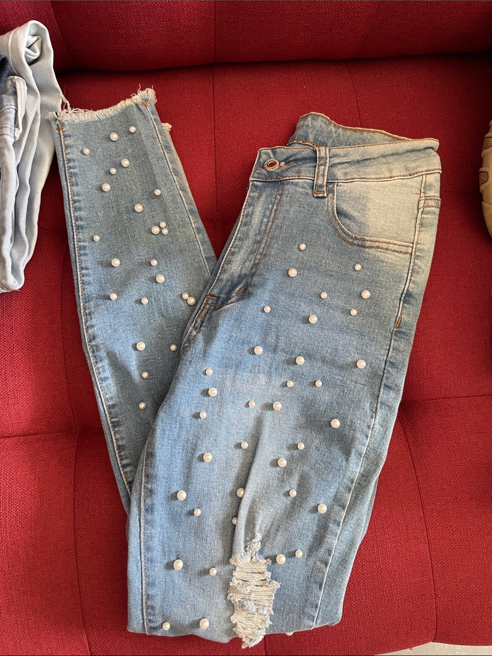 SHEIN Light Blue Skinny Jeans with Pearl Studs